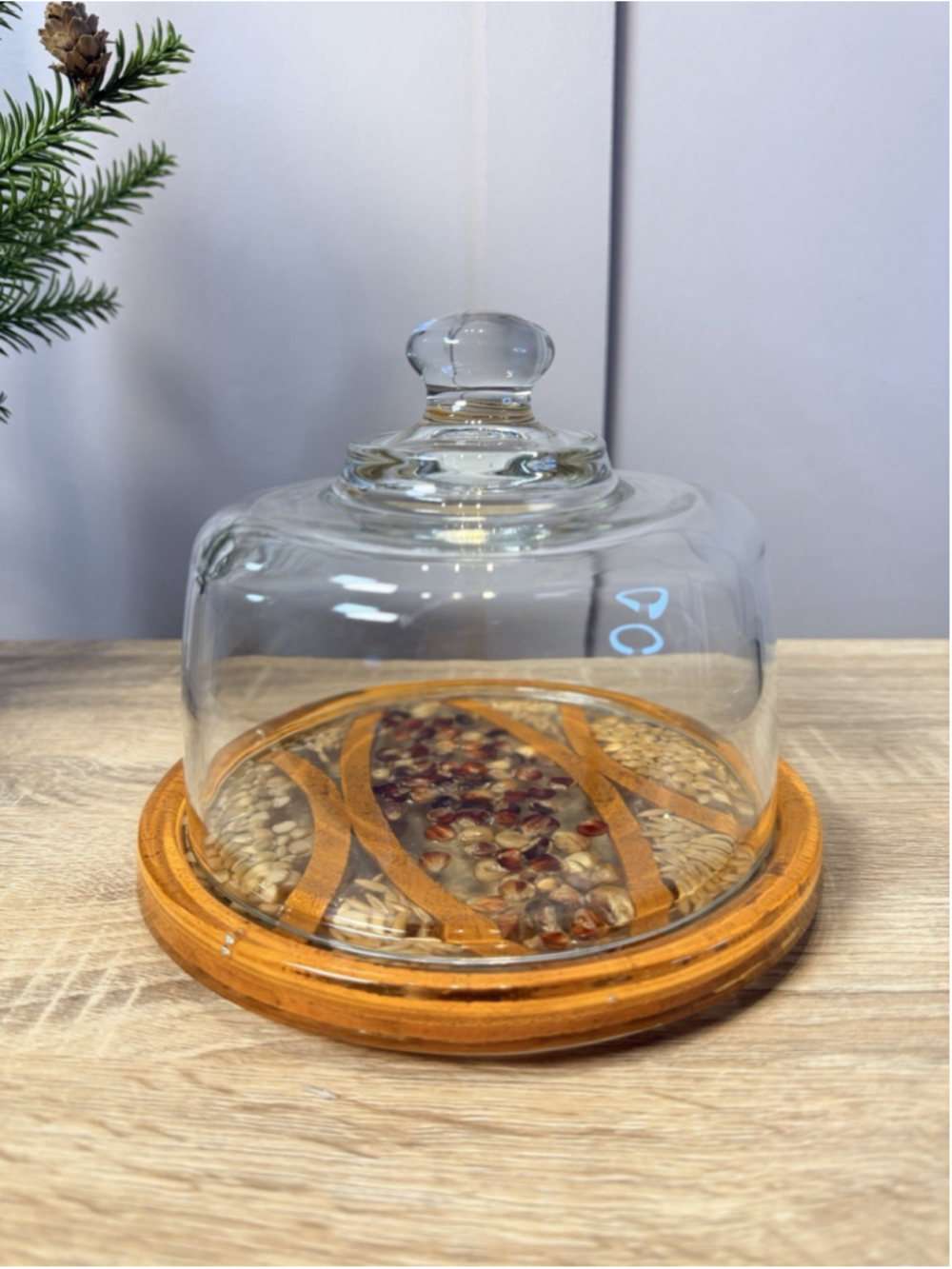 Design Gifts International Cheese Plate w Dried Beans Design & Glass Dome Lid